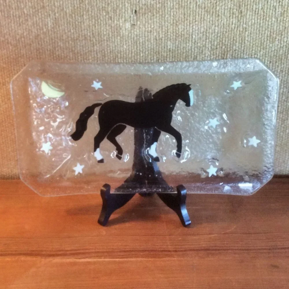Glass Tray Prancing Black Horse Moon & Stars Artist Signed 12
